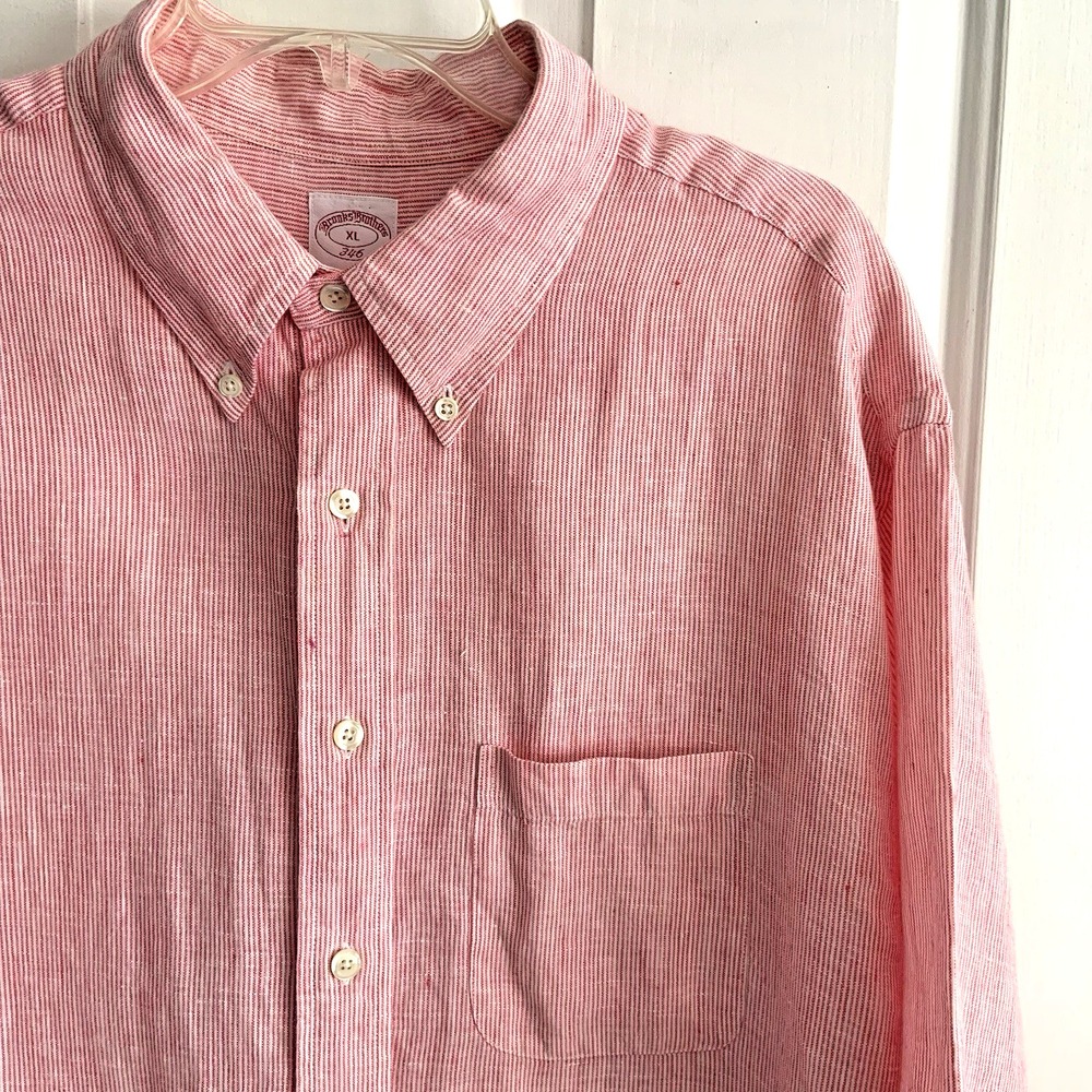 Brooks Brothers Linen 346 Short Sleeve Red Striped Button Front Shirt Men sz XL